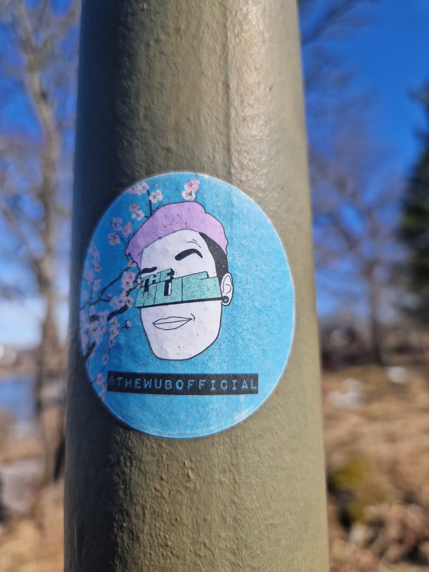 Round sticker featuring a stylized illustration of a person with pink hair, partially obscured by a teal mask or visor.  The background is light blue with pink cherry blossoms. The text '@theWUBofficial' is printed at the bottom.