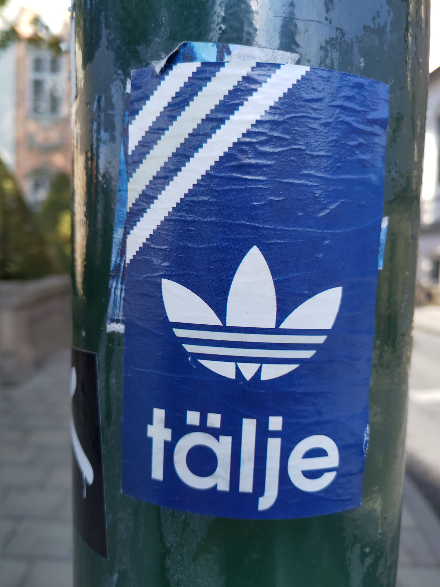 A blue sticker featuring a stylized Adidas logo and the word "täljje" in white. The sticker is affixed to a green pole.  The sticker appears to be handmade or a fan-made design.
