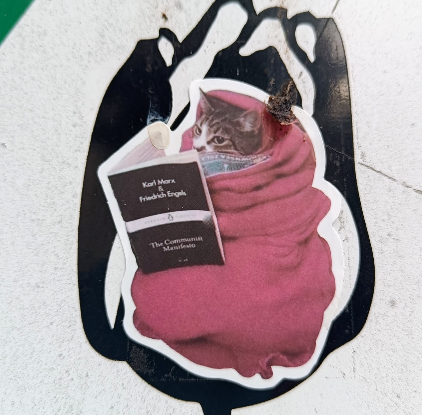 A sticker featuring a cat snuggled in a pink blanket, holding and seemingly reading a copy of 'The Communist Manifesto' by Karl Marx and Friedrich Engels.