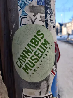 A round sticker with a light green background featuring the text "CANNABIS MUSEUM. AMSTERDAM." in dark green.  The background also has a subtle design resembling a topographical map or leaf pattern. The sticker is affixed to a pole covered in other stickers.