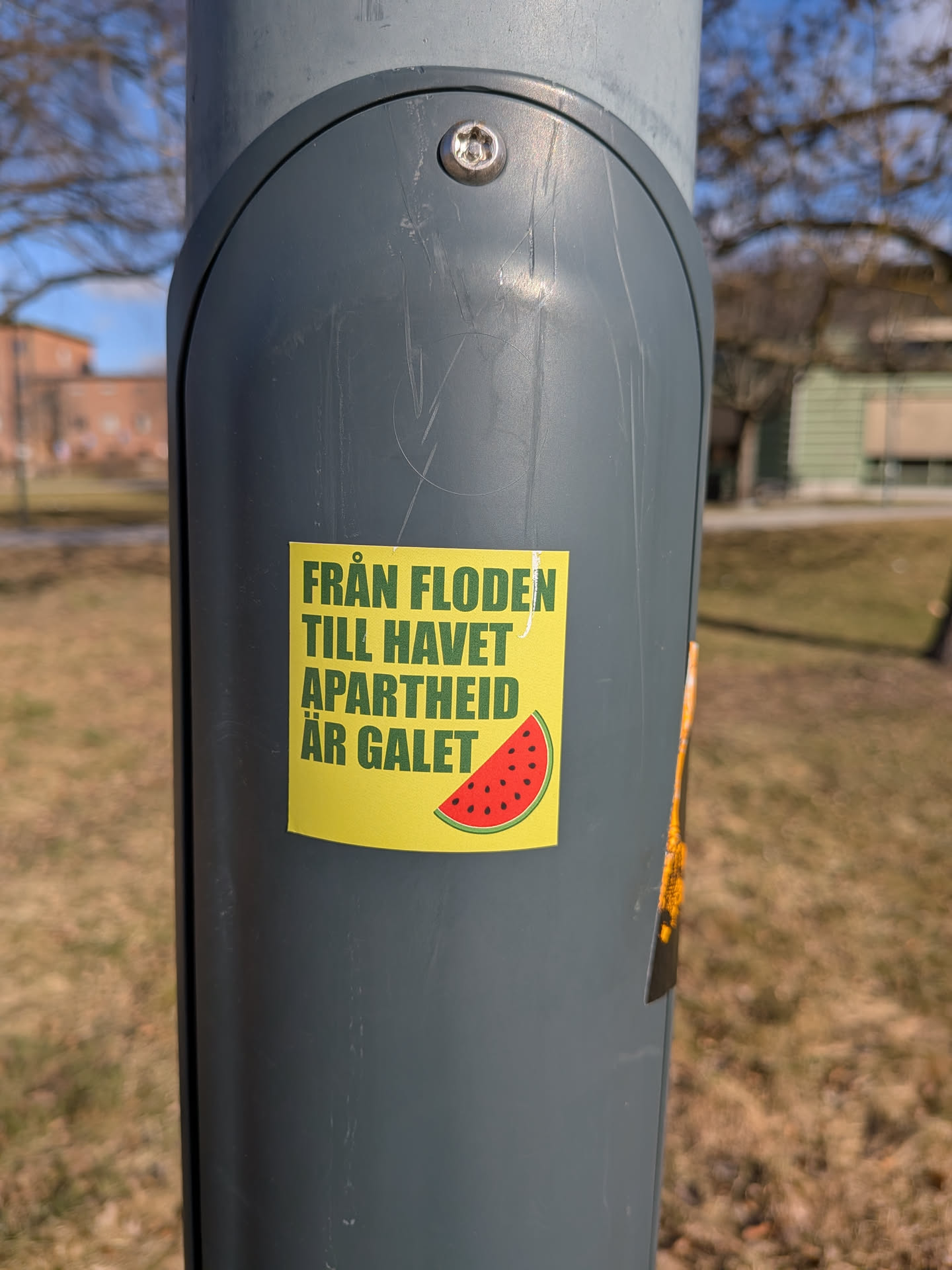 The sticker is a bright yellow rectangle with slightly rounded corners, adhered to a dark grey utility pole. It features bold, uppercase green text arranged in four lines. Below the text, in the bottom right corner, is an illustration of a slice of watermelon. The watermelon has a bright red interior with small black seeds, a thin white rind, and a green outer skin.