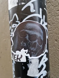 A black and white sticker of a skull with some text on the bottom. The sticker is placed on a pole that is covered in other stickers and graffiti.