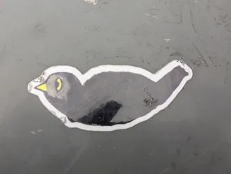 A small sticker featuring a simple drawing of a dark-colored bird with a yellow beak. The bird is depicted in a side profile, and its body is slightly curved. The sticker is affixed to a dark grey surface.
