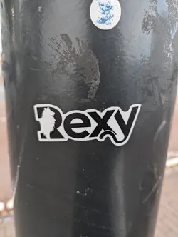 Black and white sticker with the word Rexy and a small dog-like figure. The sticker is placed on a dark gray pole.