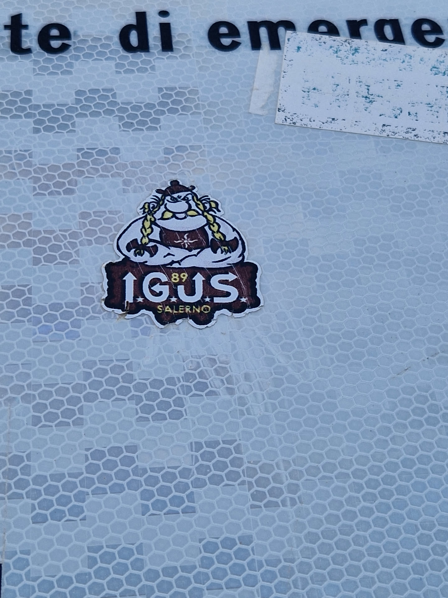 A sticker featuring a cartoon Viking-like character with long braids, a hat, and a beard. The text 'IGUS' is prominently displayed, along with the number '89' and 'SALERNO'. The character appears to be sitting or resting on a wooden sign.