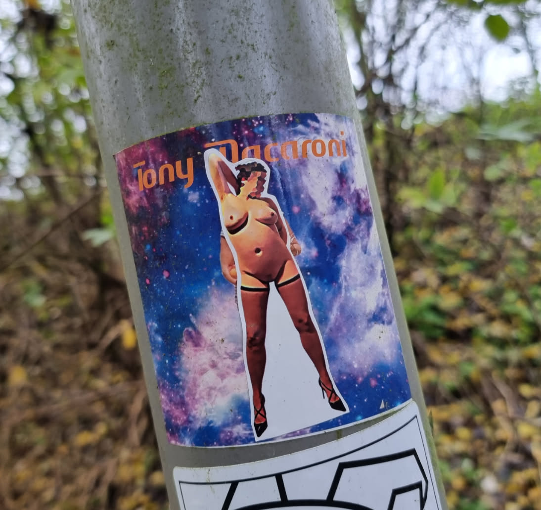 A rectangular sticker featuring a stylized, somewhat retro-style illustration of a woman in a provocative pin-up pose. She has dark, curly hair and is depicted with light skin, wearing black thigh-high stockings with garters and black high-heeled shoes. Her arms are raised, with one hand behind her head. The background is a vibrant, swirling galaxy or nebula, rich in shades of blue, purple, and pink, with scattered white stars. The text "Tony Macaroni" is prominently displayed at the top in an orange, blocky font with a white outline. The central figure has a white outline, separating her from the cosmic background, and the entire sticker has a thin white border.