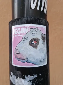 A sticker featuring a stylized illustration of a calf's head against a pink background. The text 'VEGAN for the animals' is prominently displayed. The artist's signature or watermark is visible in the lower right corner.