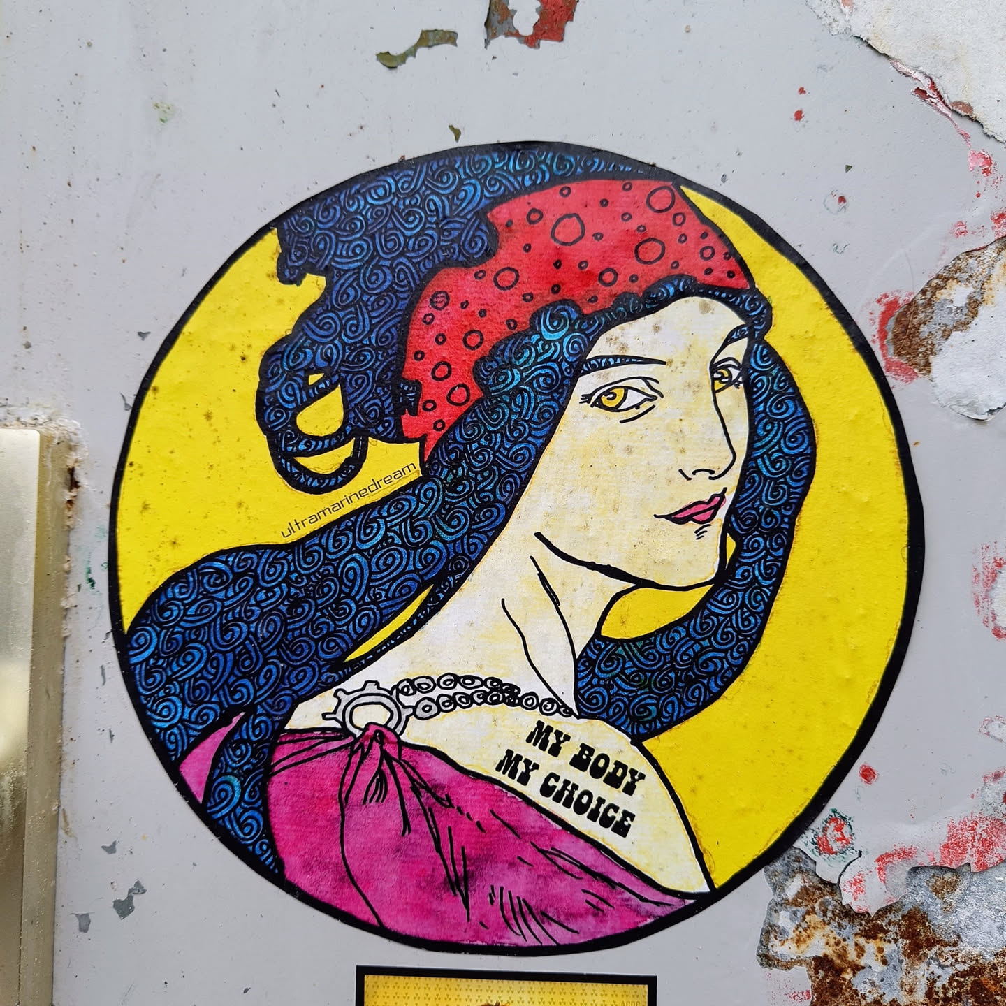A sticker featuring a stylized illustration of a woman with long, flowing hair, adorned with a patterned headscarf.  The art style is reminiscent of Art Nouveau or a similar aesthetic. The words "My body, my choice" are inscribed on her shoulder. The sticker is circular with a yellow background.