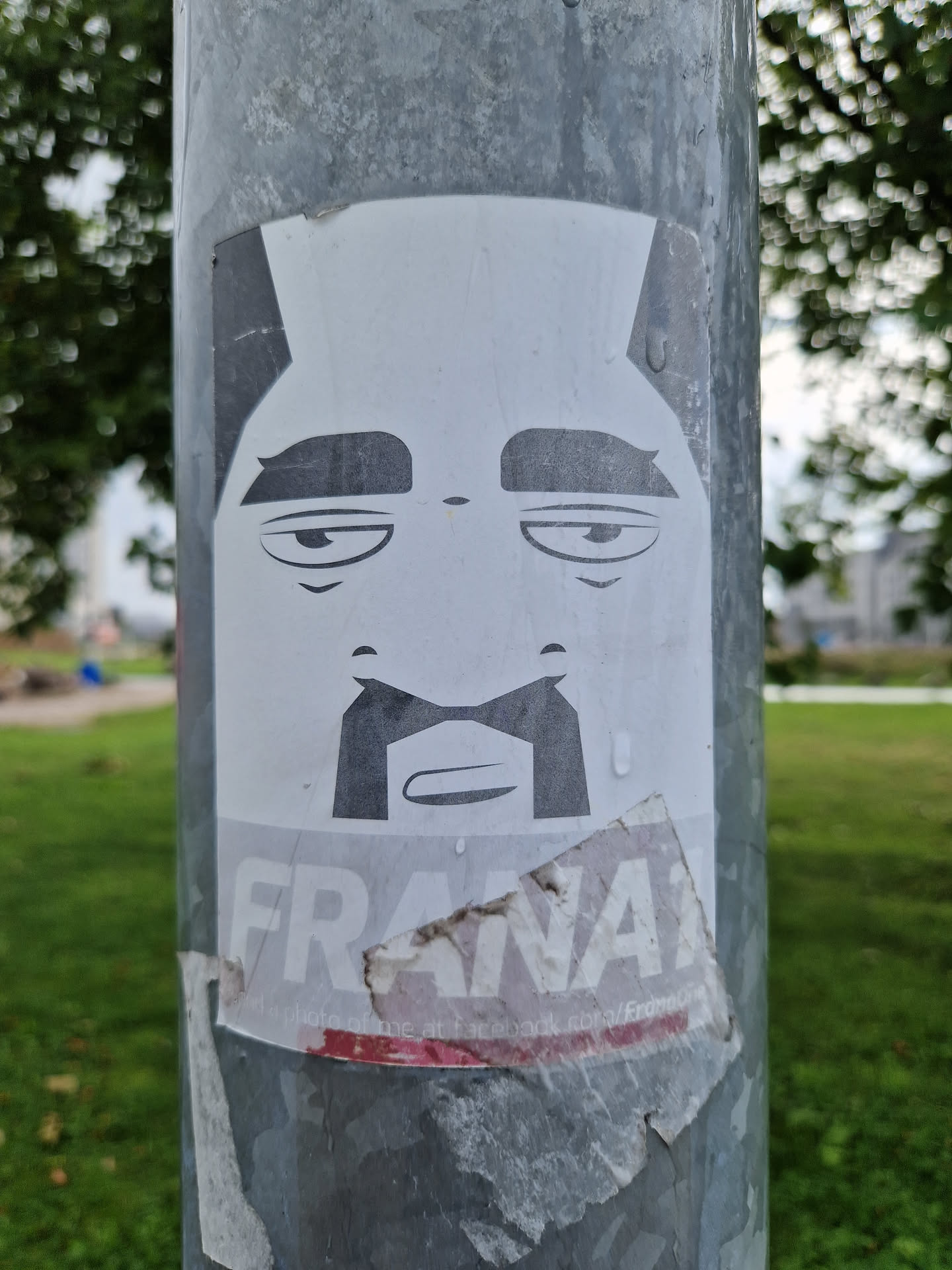 A worn sticker on a metal pole features a simple cartoon drawing of a face with a serious expression.  The face has dark eyebrows, downturned eyes, and a mustache. Below the face, the word "FRANA" is visible, with some of the sticker torn or worn away. The background is a blurry outdoor scene, suggesting the sticker is affixed outdoors.