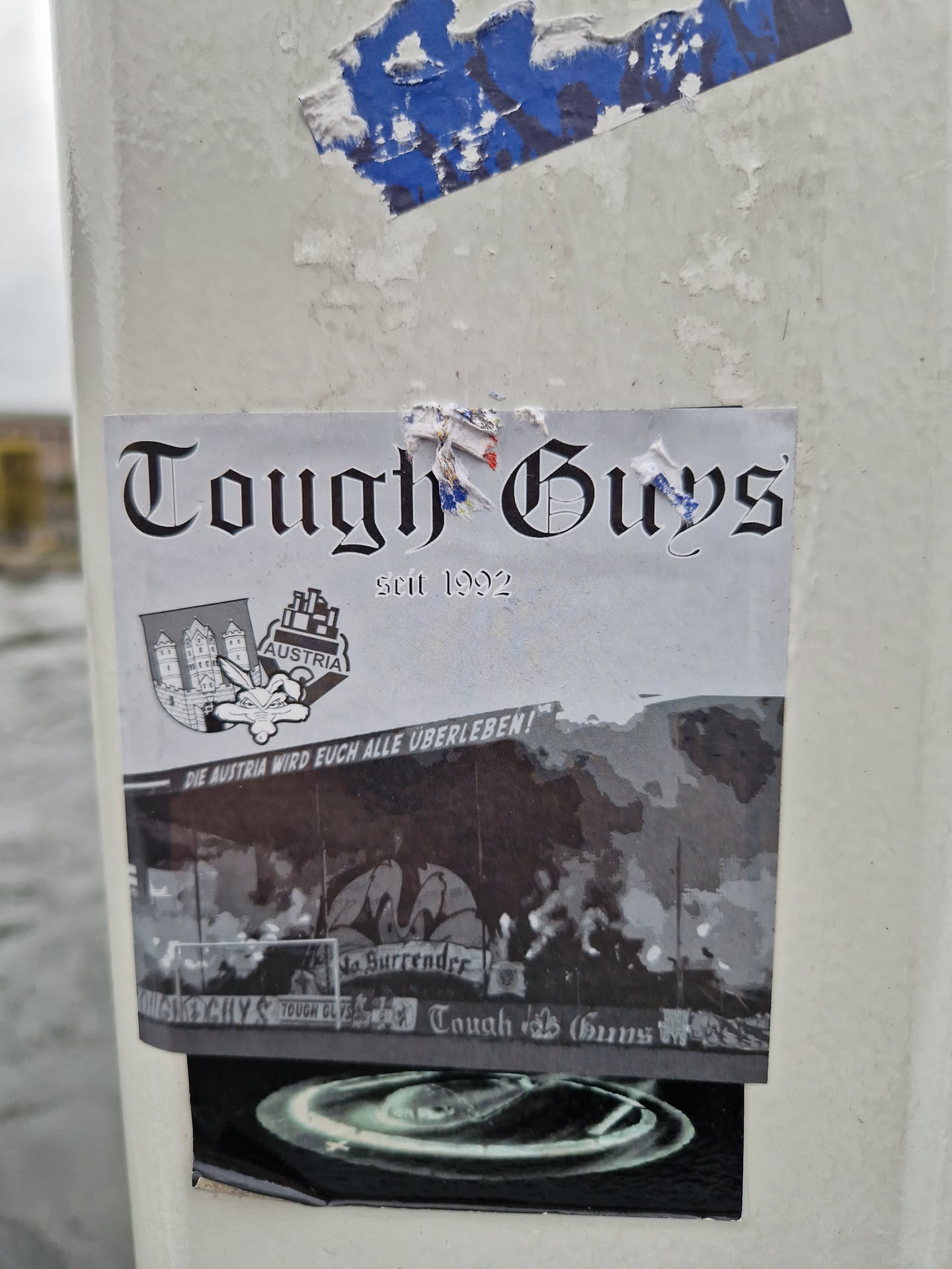 A black and white sticker featuring a crest and the words "Tough Guys est. 1992".  The German text, "Die Austria wird euch alle überleben!" (Austria will outlive you all!), is also present. The sticker displays imagery possibly referencing football/soccer, with a banner saying "No Surrender".
