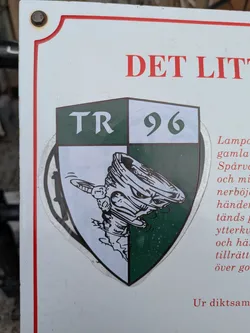 A sticker featuring a stylized emblem divided in half, green on the right and white on the left. The top part has the letters 'TR' and '96'. Below there is a cartoonish looking, stylized tornado.
