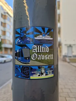A sticker featuring a collage of images related to public transport in Sweden, including a tram, ferry, and a portrait of what seems to be a person related to the public transport system or a sports figure. The style is reminiscent of vintage posters with a color palette of blues and blacks. The text 'Alltid Oavsett' translates from Swedish to 'Always Regardless'.