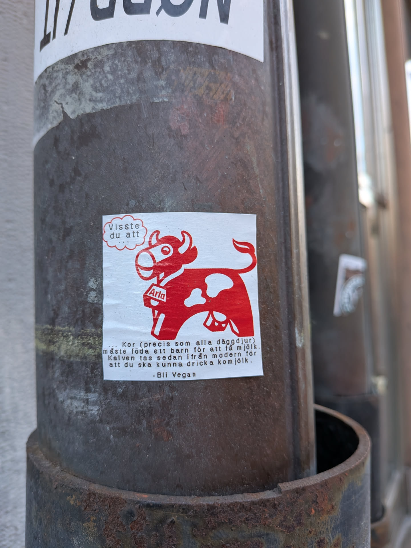 A rectangular white sticker adhered to a rusty metal pole. The sticker features a stylized red cow illustration with white spots, white eyes, and white udders. Above the cow, a red thought bubble contains the text 'Visste du att' (Did you know that). The cow wears a small red tag around its neck with 'Arla' written in white. Below the illustration, black text in Swedish explains that cows, like all mammals, must give birth to produce milk, and that calves are separated from their mothers for human consumption of cow's milk, concluding with 'Bli Vegan' (Go Vegan). The sticker shows some minor creases and wear.