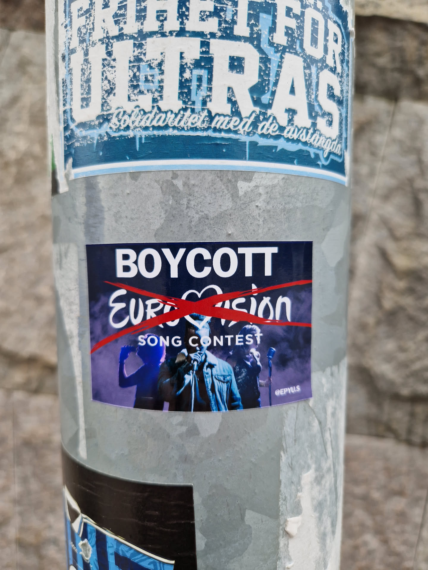 A sticker expressing disapproval of the Eurovision Song Contest.  The sticker features the Eurovision logo with a red 'X' over it and the words 'BOYCOTT EUROVISION SONG CONTEST'.