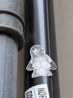 Street sticker A die-cut monochrome sticker showing the torso of a topless woman looking downward with wavy hair. She is cupping her breasts with both hands and wearing textured arm coverings or gloves. A thin white contour outlines the silhouette of the figure, which is pasted onto a vertical black pipe.