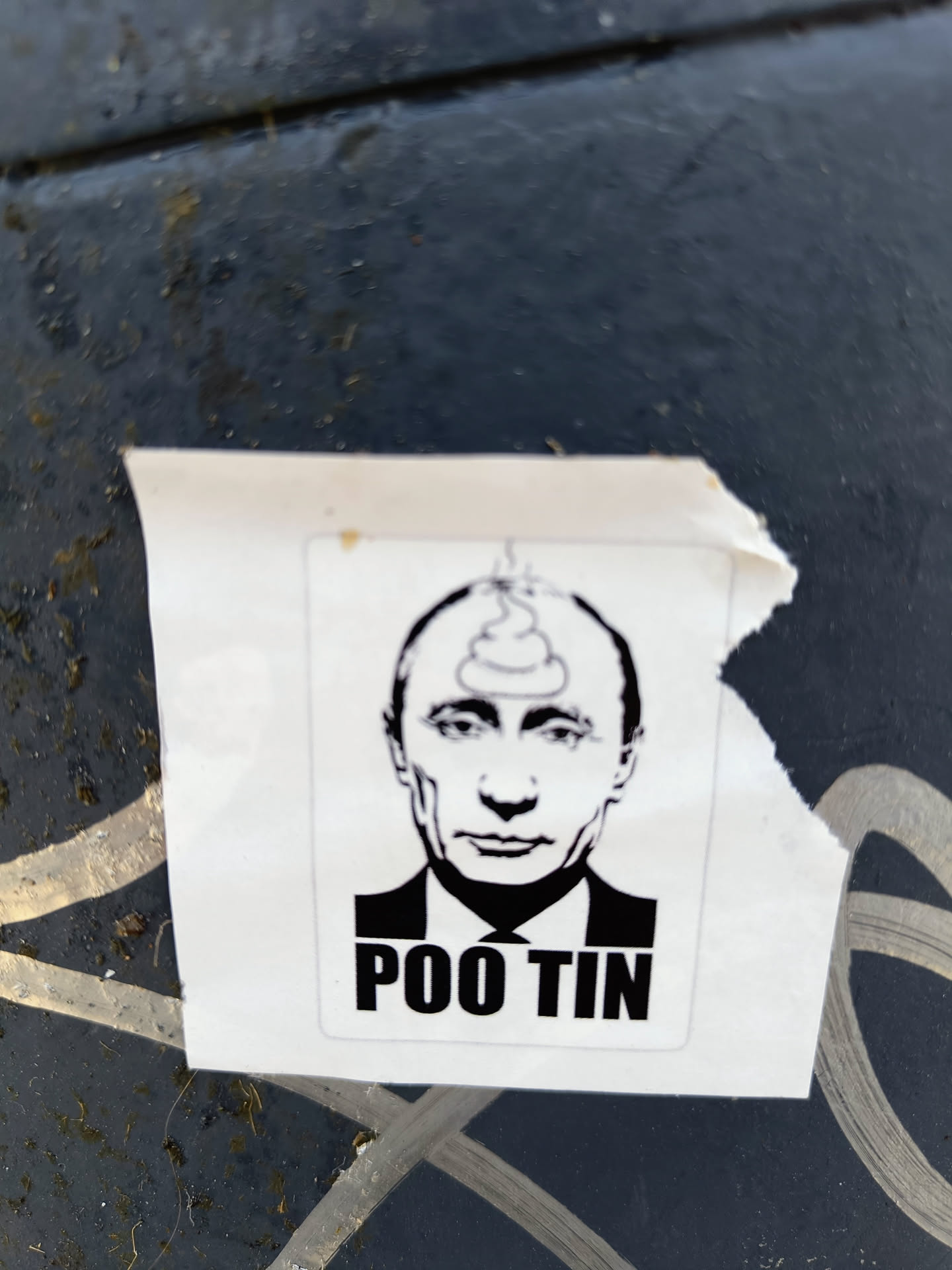 A sticker depicting Vladimir Putin with a pile of poop on his head. The text below the image says "Poo Tin".