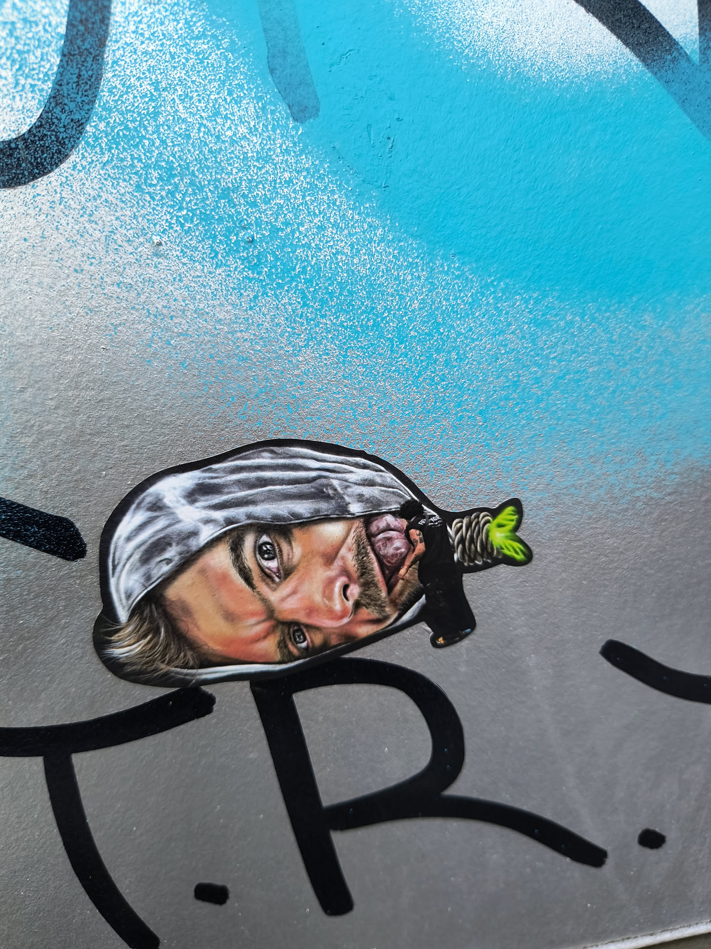 Close-up of a sticker affixed to a wall. The sticker shows a realistic portrait of a man's face, seemingly wearing a hood. He has light skin, and the portrait is detailed. A small plant is depicted in his mouth. The sticker is adhered to a surface with some other graffiti.