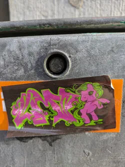 The sticker is dark-colored with pink and green graffiti-style text and a cartoon pony in pink with green hair. It is stuck on a gray metal surface.