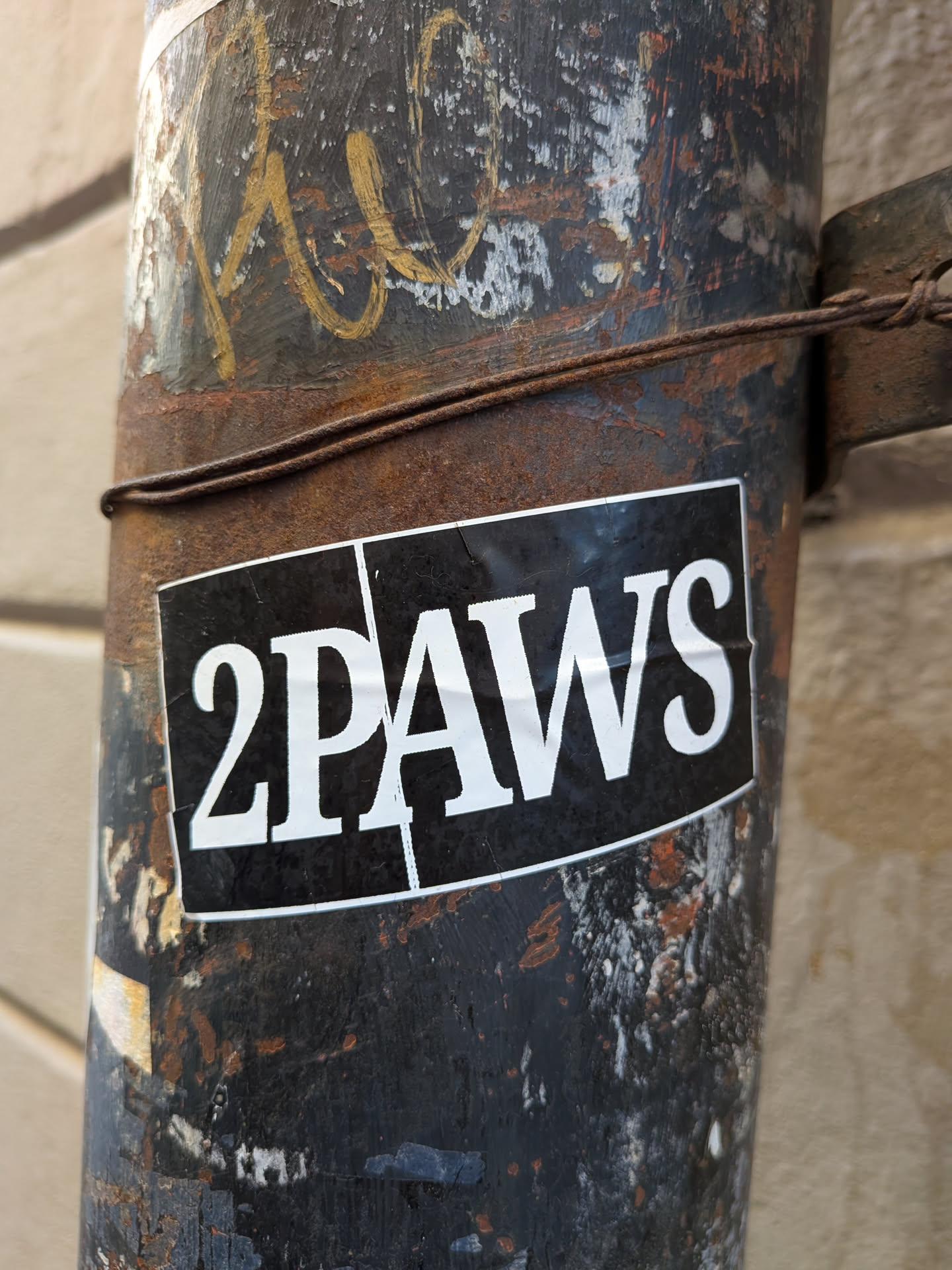 The sticker is rectangular with slightly rounded corners, featuring a solid black background. The text '2PAWS' is prominently displayed in bold, white, sans-serif capital letters. A thin white border frames the black background. The sticker is applied to a heavily rusted and textured metal pole, showing minor creases and wear consistent with its environment.