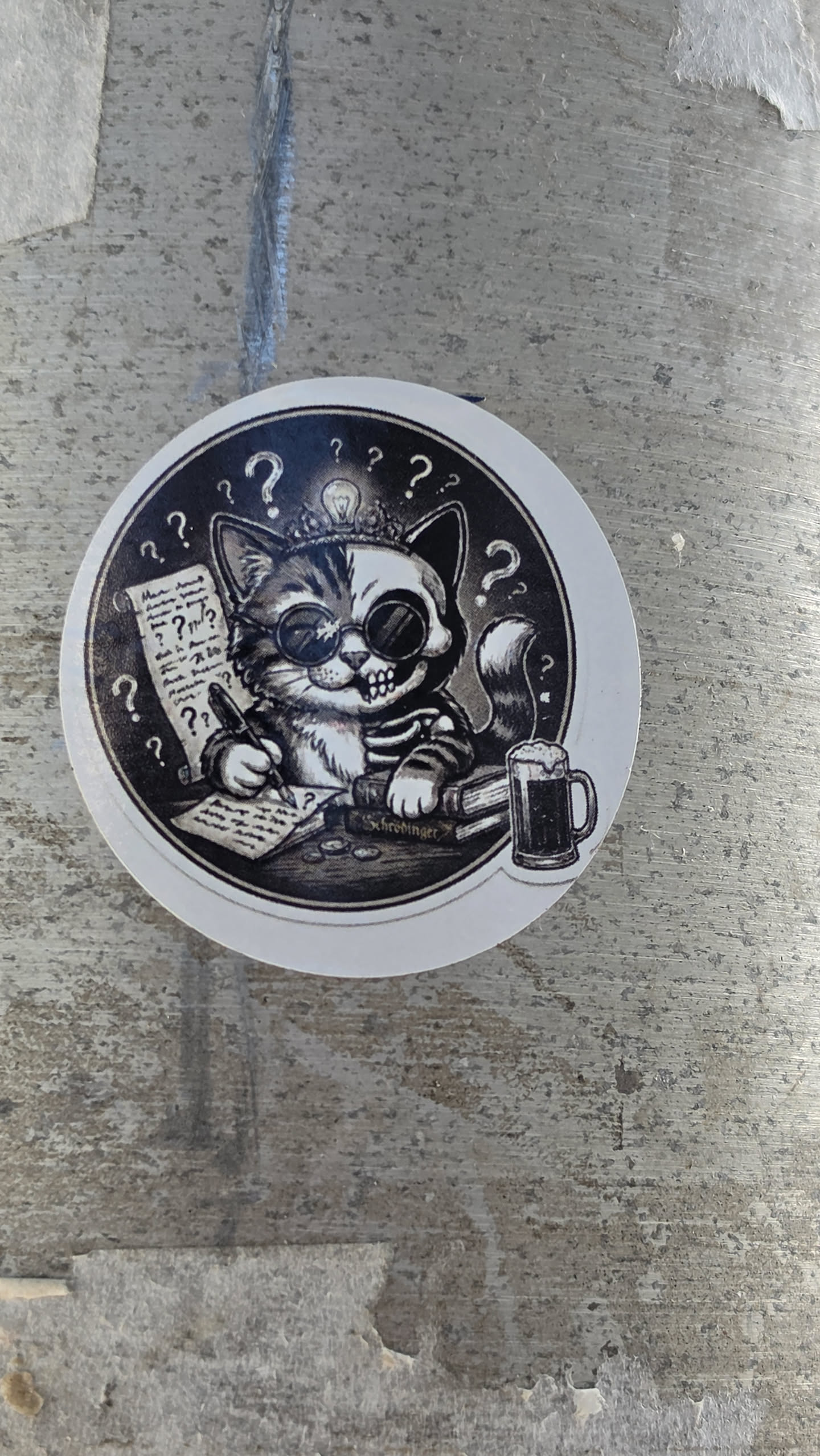 A circular monochrome sticker with a white border featuring a depiction of Schrödinger's cat. The cat is split vertically down the middle: its left side is alive and furry, wearing round spectacles and writing on paper, while its right side is a skeleton with an exposed skull and ribcage. Floating question marks surround its head alongside a glowing light bulb. On the desk in front of the cat are papers with question marks, scattered coins, a stack of books with one reading 'Schrödinger' on the spine, and a full mug of beer on the right edge.
