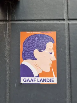 A sticker featuring a profile illustration with words circling the head, symbolizing various political and societal issues such as housing crisis, climate change, and youth care.  The text at the bottom reads "GAAF LANDJE" which translates to "Cool Country" or "Great Country" in English, likely used ironically in this context. The top mentions that this situation is the result of 12 years of VVD (a political party in the Netherlands).  A website address is included: StemAnders.nu