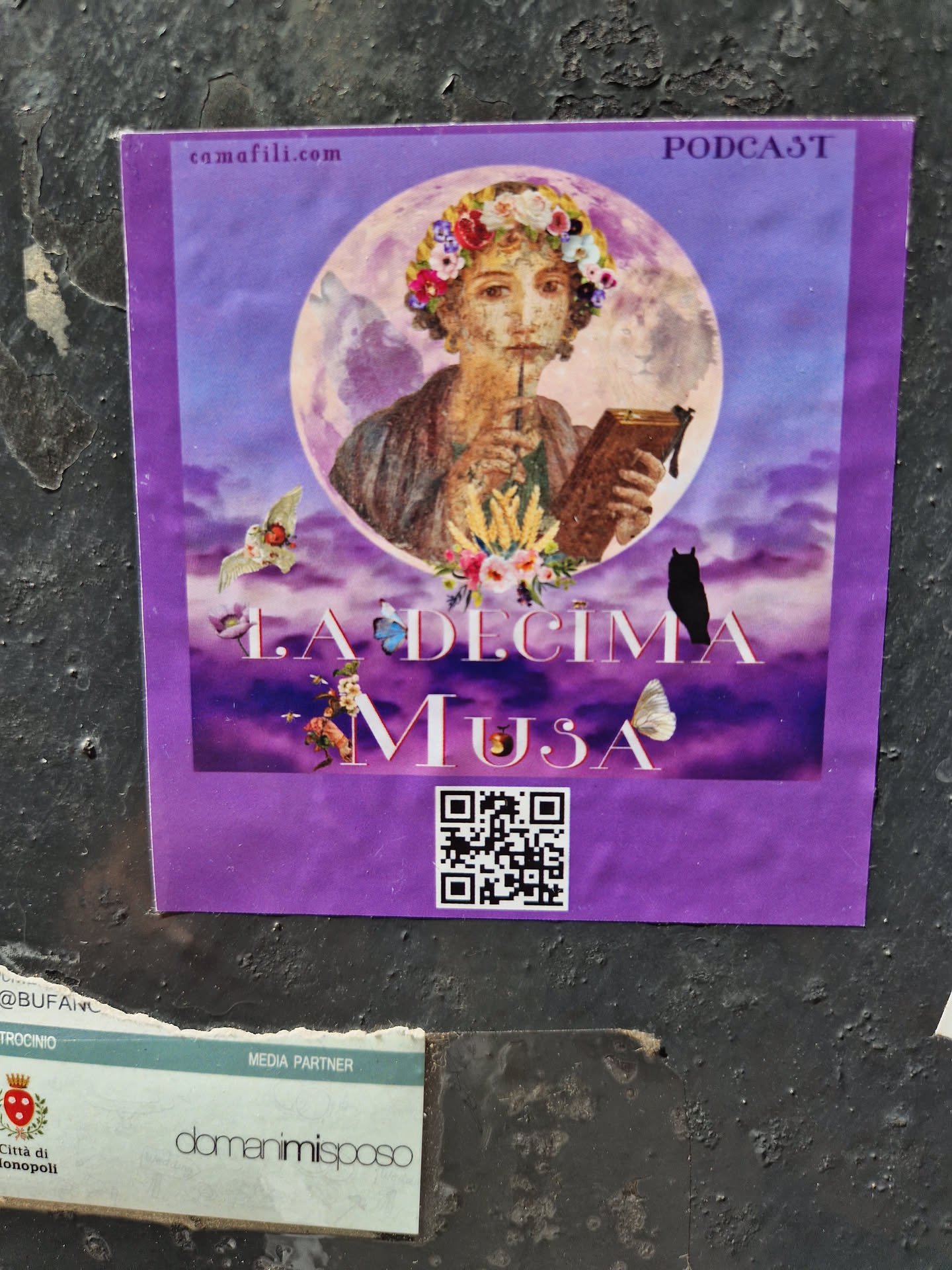 Purple sticker featuring an illustration of a woman with a flower crown writing in a book under a large moon.  There is also a QR code, a bat, a black cat, and butterflies in the illustration. The text on the sticker includes the title "La Decima Musa",  "PODCAST" in the upper right corner and a website address at the top: comafili.com