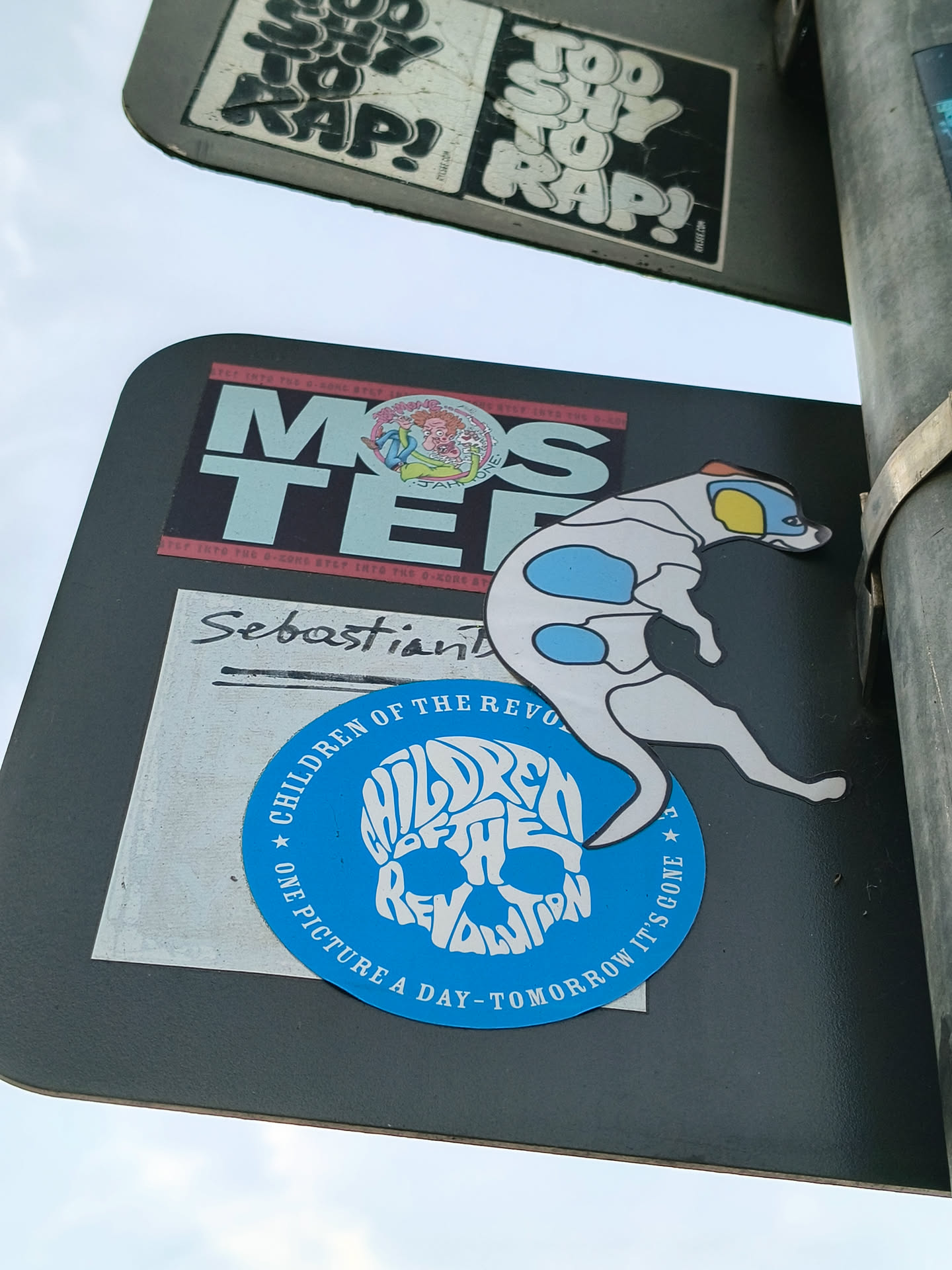 A blue and white circular sticker featuring a skull with the words "Children of the Revolution" forming the skull's image.  The text 'One picture a day - tomorrow it's gone' is written around the skull.  There is also a sticker of a dog above it.