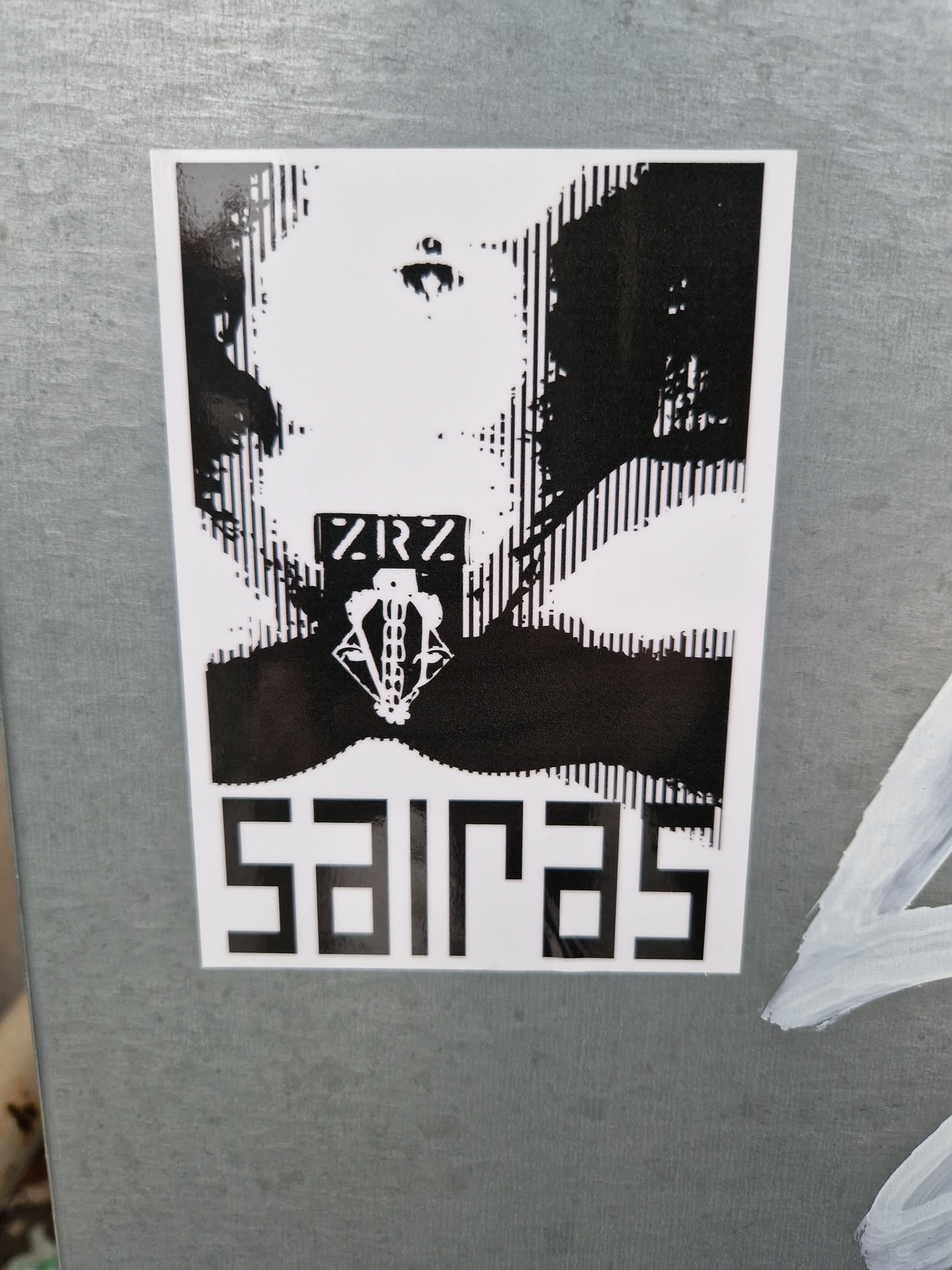 A black and white sticker with a distorted face image and the word SAIRAS written in a bold, blocky font at the bottom.  There's also smaller text that reads ZRZ and a small graphic above SAIRAS. The style is reminiscent of glitch art or distorted imagery.