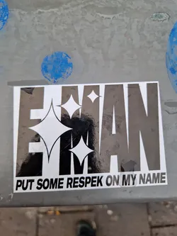 Black and white sticker with the word 'EMAN' stylized with white stars. The text 'PUT SOME RESPEK ON MY NAME' is written below the main text.