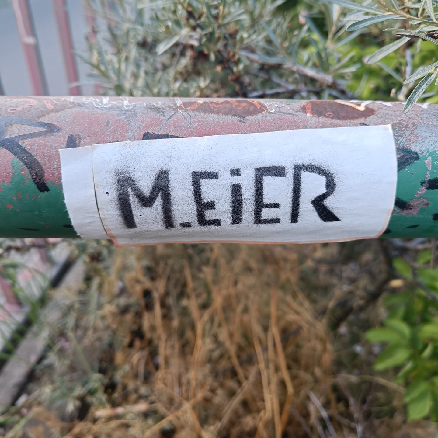 A white sticker with the text "M.EIER" sprayed in black on it is attached to a rusty metal pole. The background shows some vegetation.