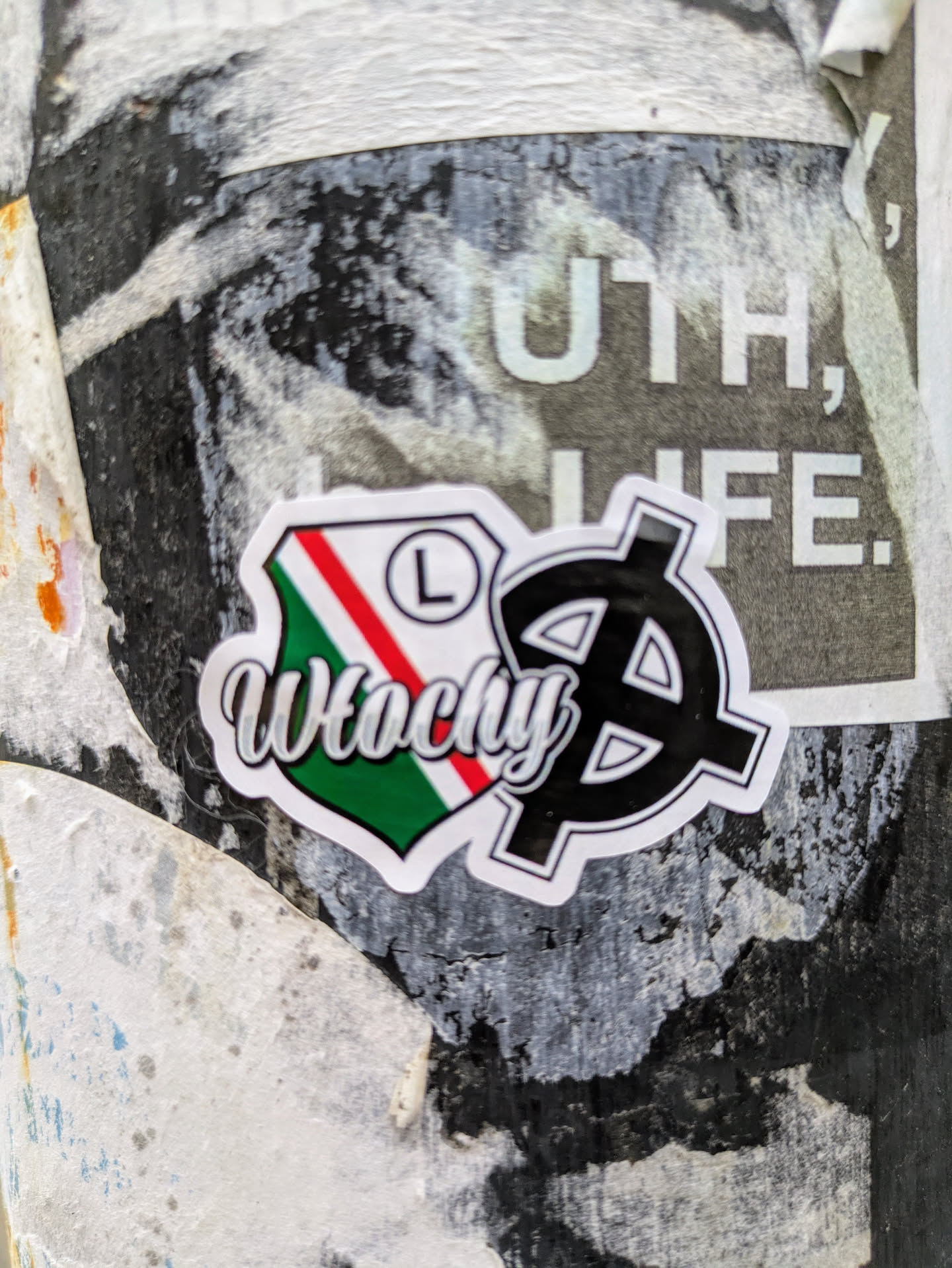A sticker is affixed to a pole. It has a shield design with the colors of the Italian flag, the letter "L", and the word "Wlachy" written in a stylized script. A black symbol is also present on the sticker. The background shows other torn posters and stickers, indicating an urban setting.