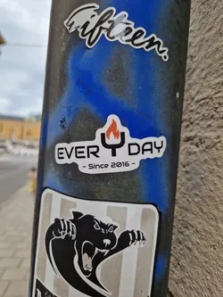 A sticker featuring a stylized flame and the text "EVER Y DAY - Since 2016 - ".  There is another sticker on the pole below it featuring a panther.