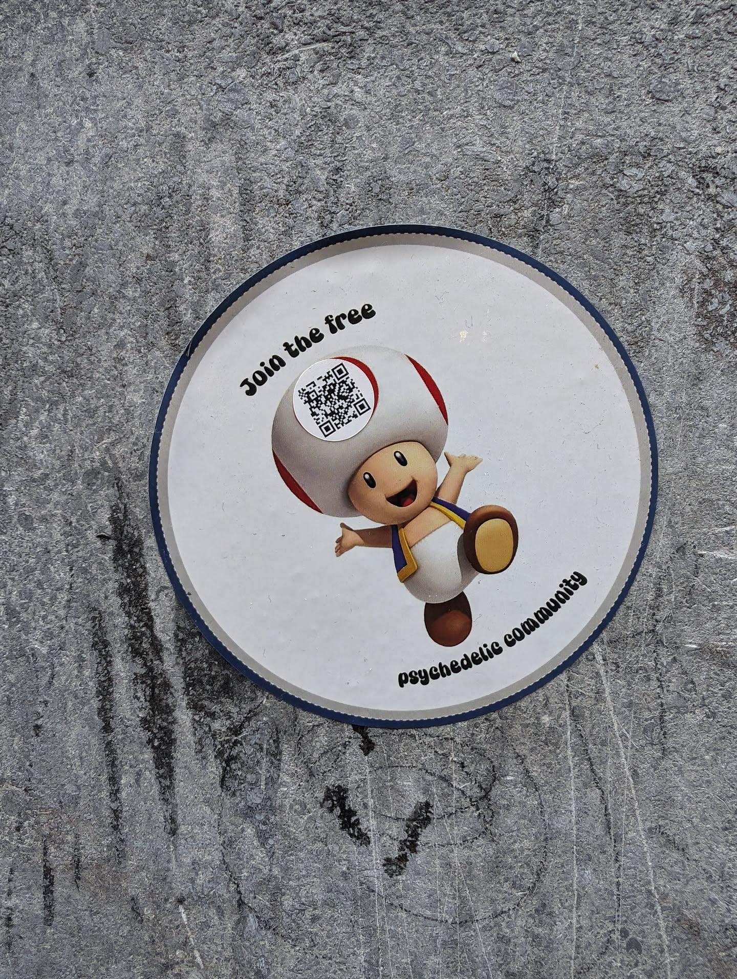 Round sticker featuring Toad from Super Mario, a QR code, and the text "Join the free psychedelic community".