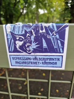 A sticker depicting a snarling dog confronting a figure wielding a baton.  The text below the image reads "Repression • Väldsrömantik Ansvarsfirhet • Käranda". The style is reminiscent of protest art or printmaking.