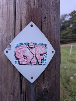 The sticker is a roughly square piece of paper with a white, diamond-shaped background, affixed to a wooden post with two small rivets. The sticker itself features prominent graffiti lettering in a bold, bubble-style font. The letters, appearing to spell 'DIF' or a similar variation, are filled with a textured pink color and outlined in thick black. Scattered around the lettering are small, irregular blue shapes that resemble bubbles or water droplets. The sticker shows signs of wear, with some creasing and slight peeling at the edges, particularly on the left side where a piece of tape is also applied.