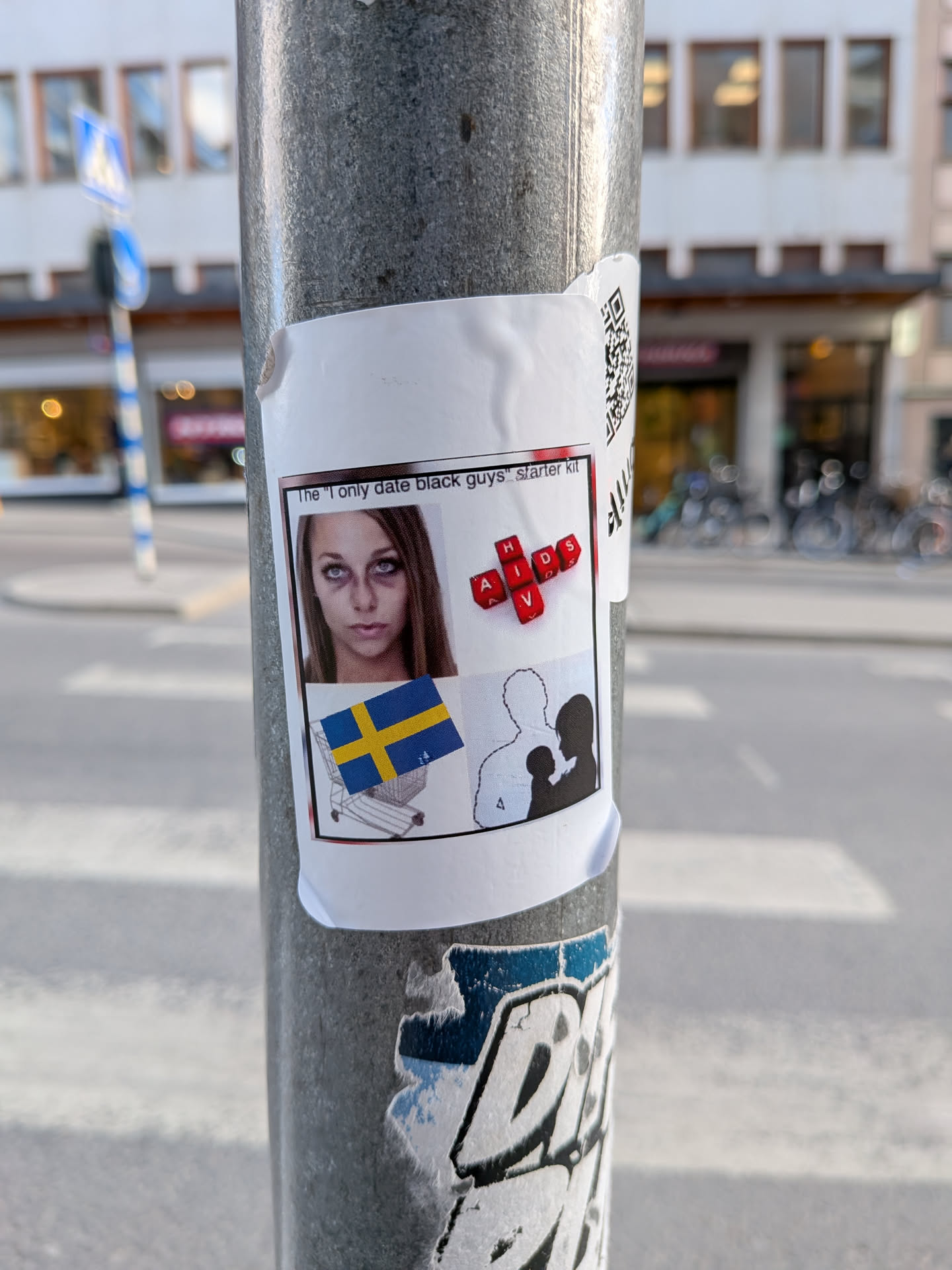 A rectangular white sticker adhered to a grey metal pole, showing slight curling at its edges. The sticker features a central image area with a thin black border. At the top, the text "The 'I only date black guys' starter kit." is printed. Below this, the content is divided into four distinct visual elements against a white background: in the top-left, a close-up photograph of a young woman with dark circles under her eyes; in the top-right, red letter blocks spelling out "AIDS" horizontally and "HIV" vertically, intersecting at the 'I'; in the bottom-left, a small image of the Swedish flag placed inside a wire shopping cart; and in the bottom-right, a black silhouette of a family (man, woman, and child). A partial QR code is visible on the top-right edge of the sticker, outside the main content frame.