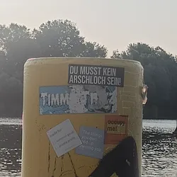 The main sticker features a distressed graphic with illegible text.  Surrounding it are smaller stickers with messages such as "made for: common good / private profit" and "occupy me!" Another sticker has a phrase in German. The pole is situated outdoors near a body of water, with trees visible in the background.