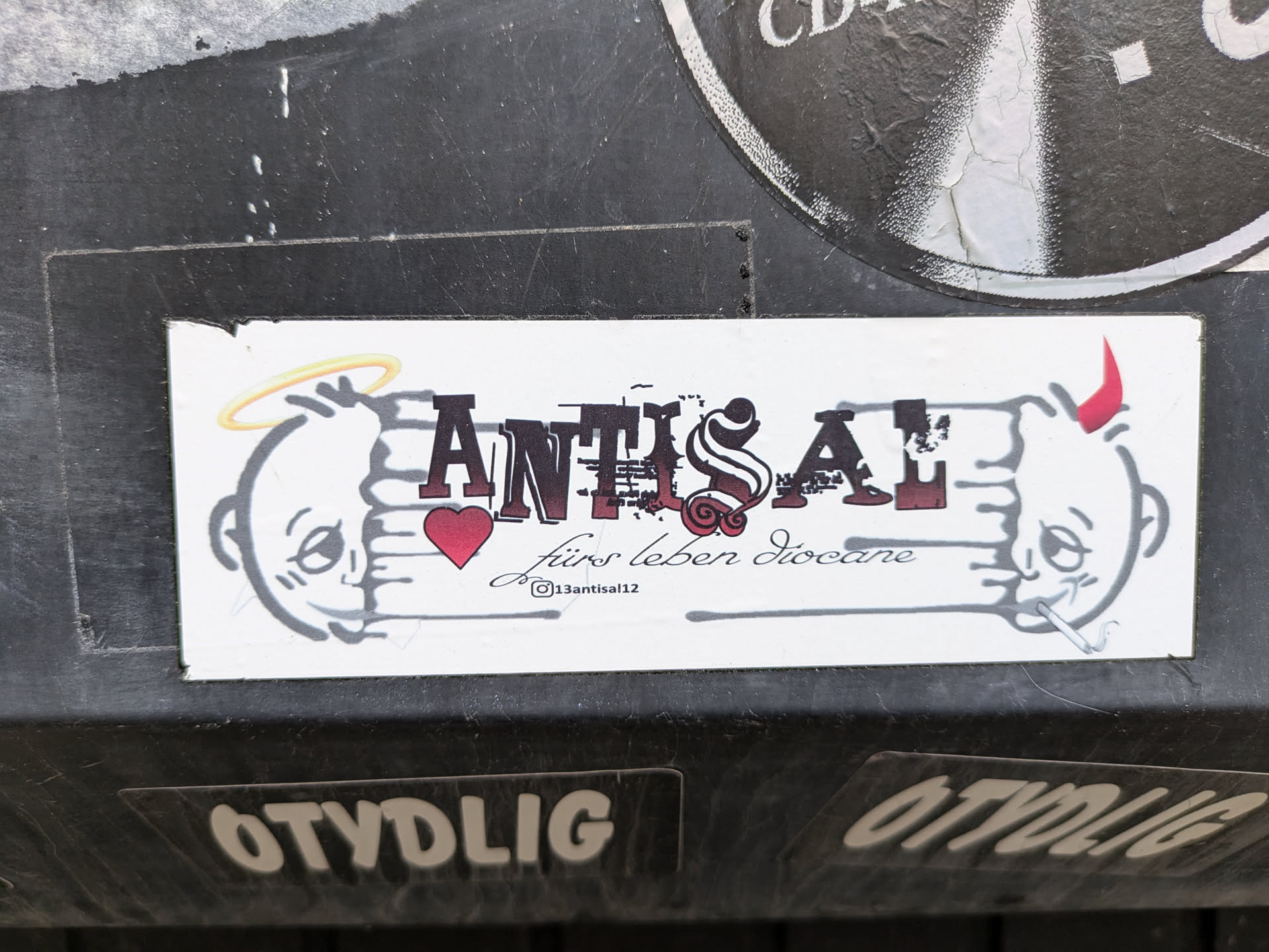A sticker with an illustration of two faces, one with a halo and the other with horns, flanking the word "AntiSal".  The text "fürs leben diocane" is written below. An Instagram handle is also visible.