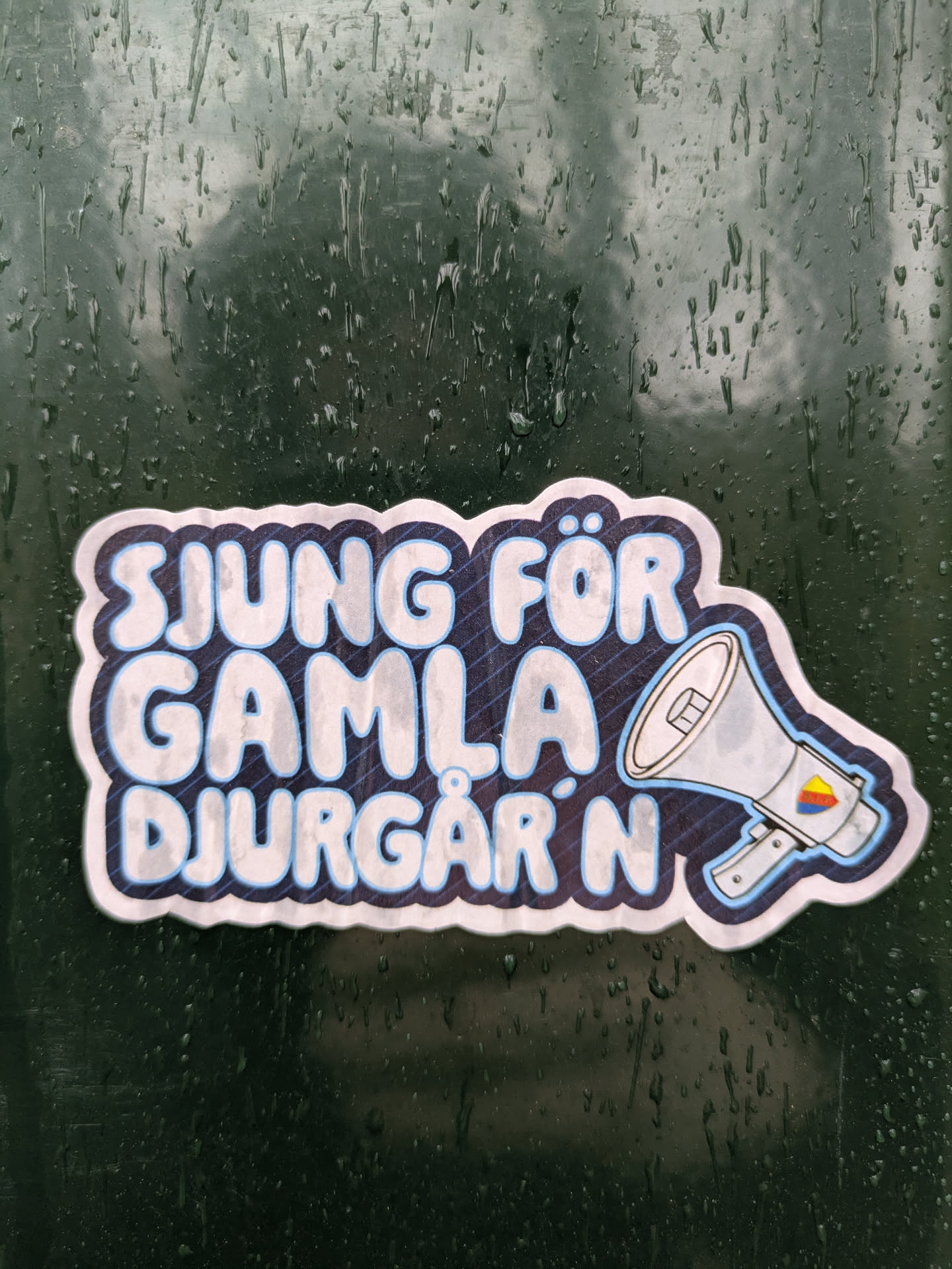 The sticker features the text 'Sjung för Gamla Djurgår'n', which translates to 'Sing for Old Djurgården' in English. It also includes a stylized illustration of a megaphone with a color accent. The sticker appears to be affixed to a dark green surface with raindrops.