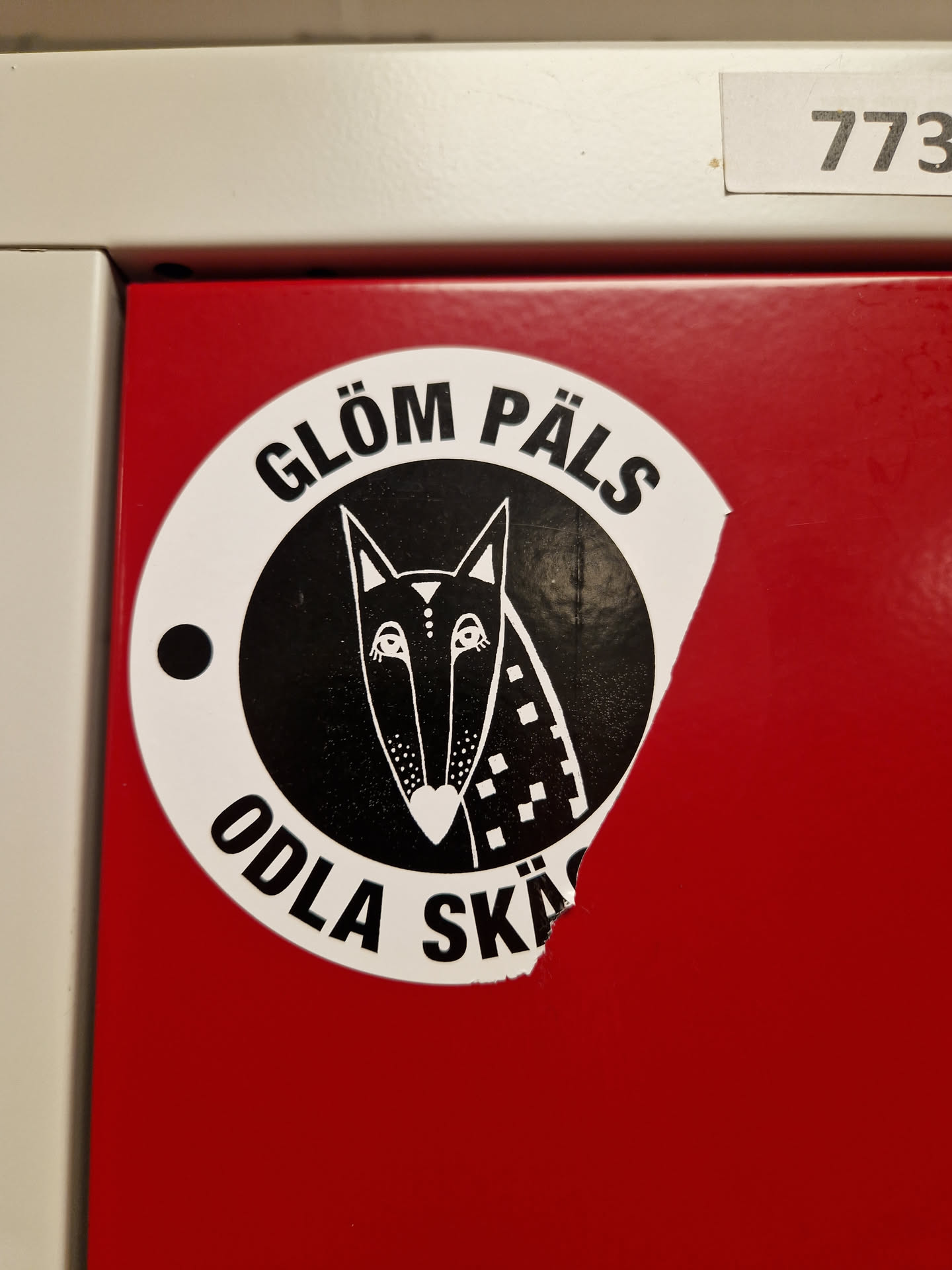 A round black and white sticker on a red surface. It features a stylized fox and the text "Glöm päls odla skägg" which translates from Swedish to "Forget fur grow a beard". The sticker is slightly torn at the bottom.