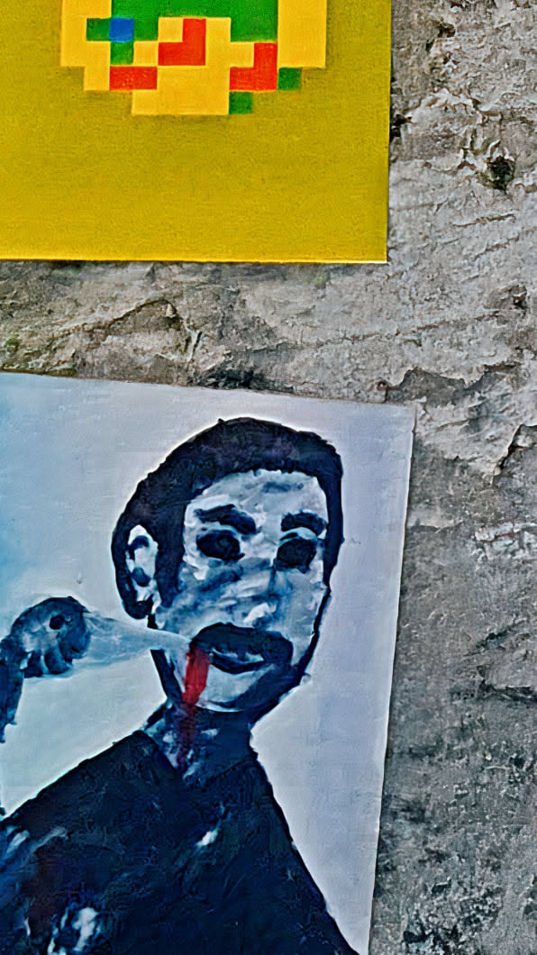 The sticker features a man rendered in a painterly style, with a stream of red coming from his mouth. The color palette is cool, with shades of blue and black contrasting with the splash of red. The overall effect is unsettling and thought-provoking. There's also a pixel art sticker above the portrait, featuring yellow, green and red colors.