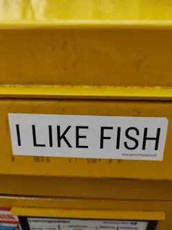A white sticker on a yellow surface with the text "I LIKE FISH" and a website address at the bottom. 