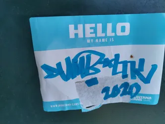 A blue name tag sticker with graffiti-style writing. The text 'HELLO MY NAME IS' is visible at the top, followed by the tag 'WBRTHV' and the year '2020' in blue paint.