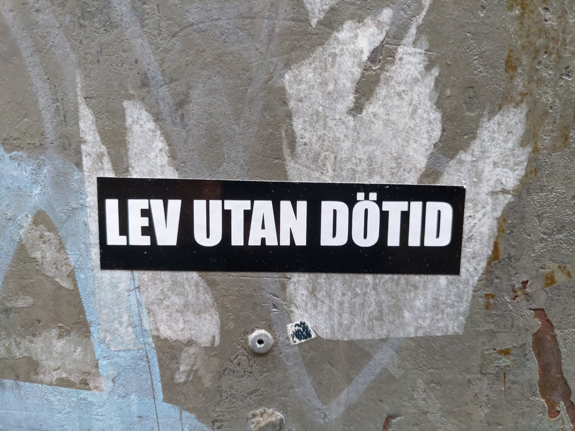 A black rectangular sticker with white bold text on it. The text says "LEV UTAN DÖTID" in Estonian. It's affixed to a weathered gray concrete wall. Some older graffiti is visible around the sticker.