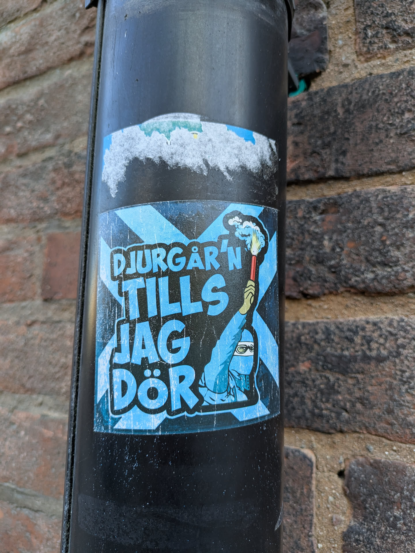 The sticker features a stylized illustration with a predominantly blue and white color scheme, set against a black background. In the center, text reads 'DJURGÅR'N TILLS JAG DÖR' in bold, light blue lettering. Below the text, a figure wearing a light blue balaclava and goggles is depicted holding a lit flare that emits white smoke and sparks. The overall design incorporates diagonal light blue lines radiating outwards from the center.