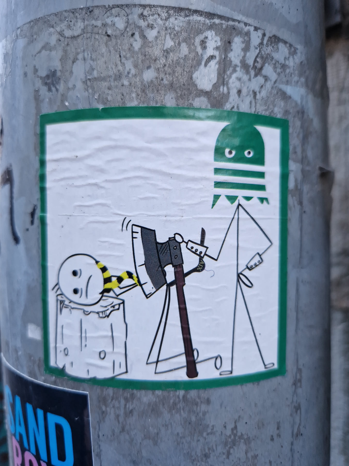 This sticker features a simple yet eerie illustration. A green, ghost-like figure with stripes is depicted holding an axe over a smaller figure with a yellow and black striped scarf, seemingly trapped within a log. The style is minimalistic, using black outlines and simple shapes to create a somewhat unsettling scene.