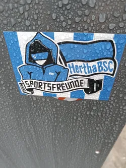 A wet sticker featuring a hooded figure in blue, the Hertha BSC logo, and the text "Sportsfreunde".