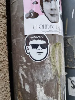 Black and white sticker of a person with sunglasses. The sticker is on a brown pole with other stickers and graffiti.