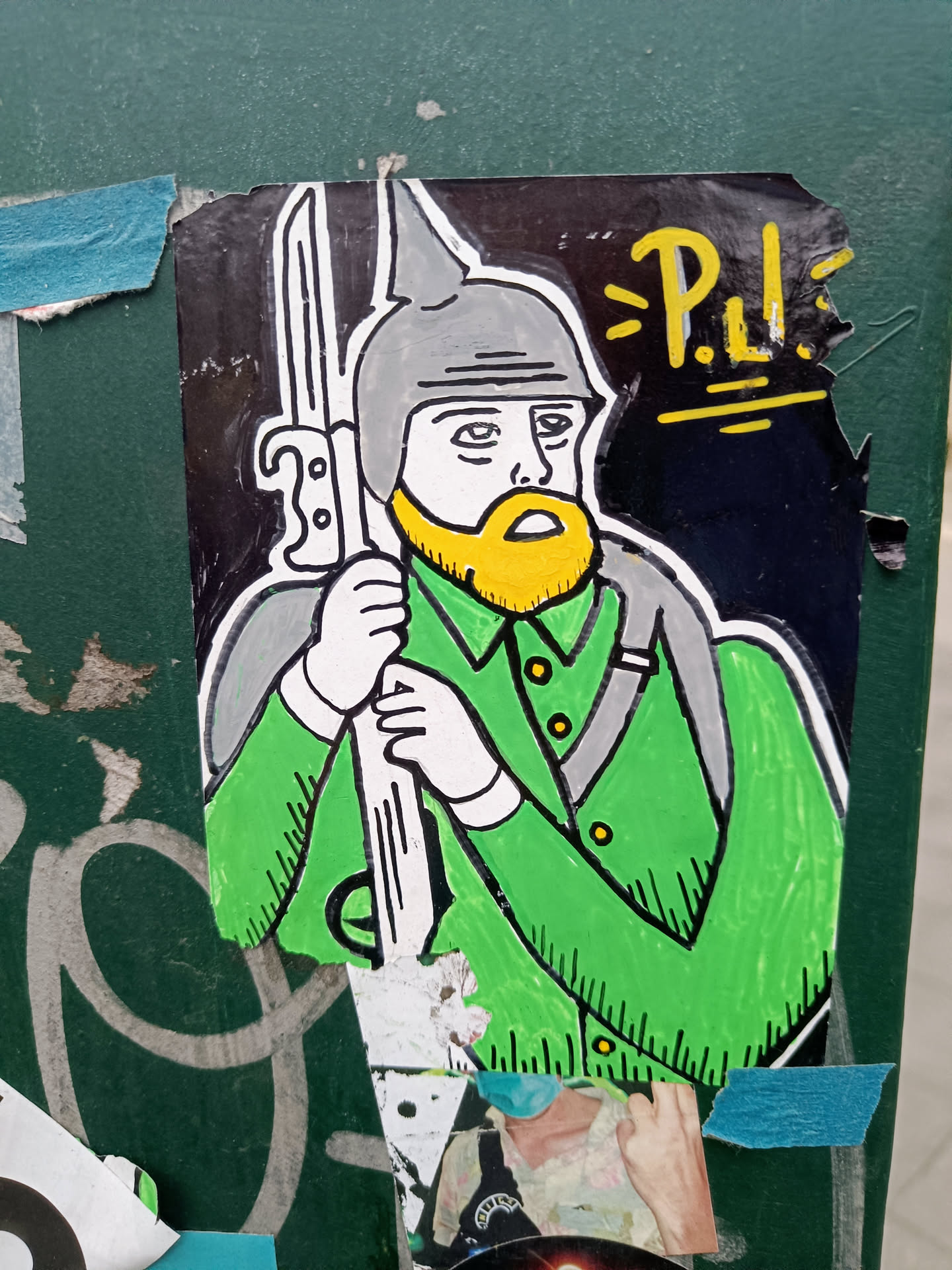 A hand-drawn style sticker of a soldier in a green jacket and helmet, carrying a rifle. The style is simplistic with bold outlines and flat colors.  Yellow text above the soldier's head reads "P.L.I."