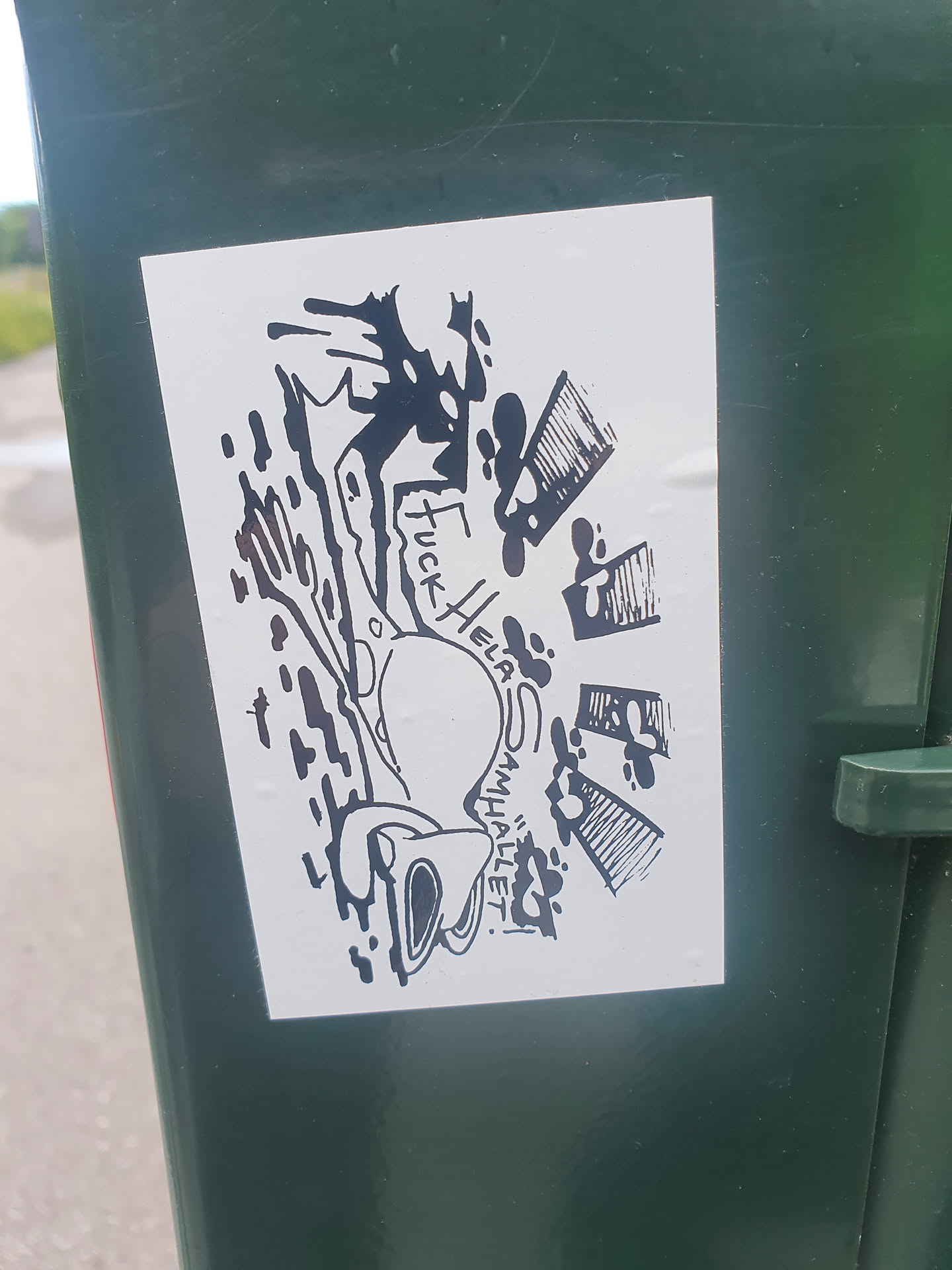 Black and white sticker featuring a distressed frog illustration with text overlay: "FUCK HELA SAMHÄLLET"